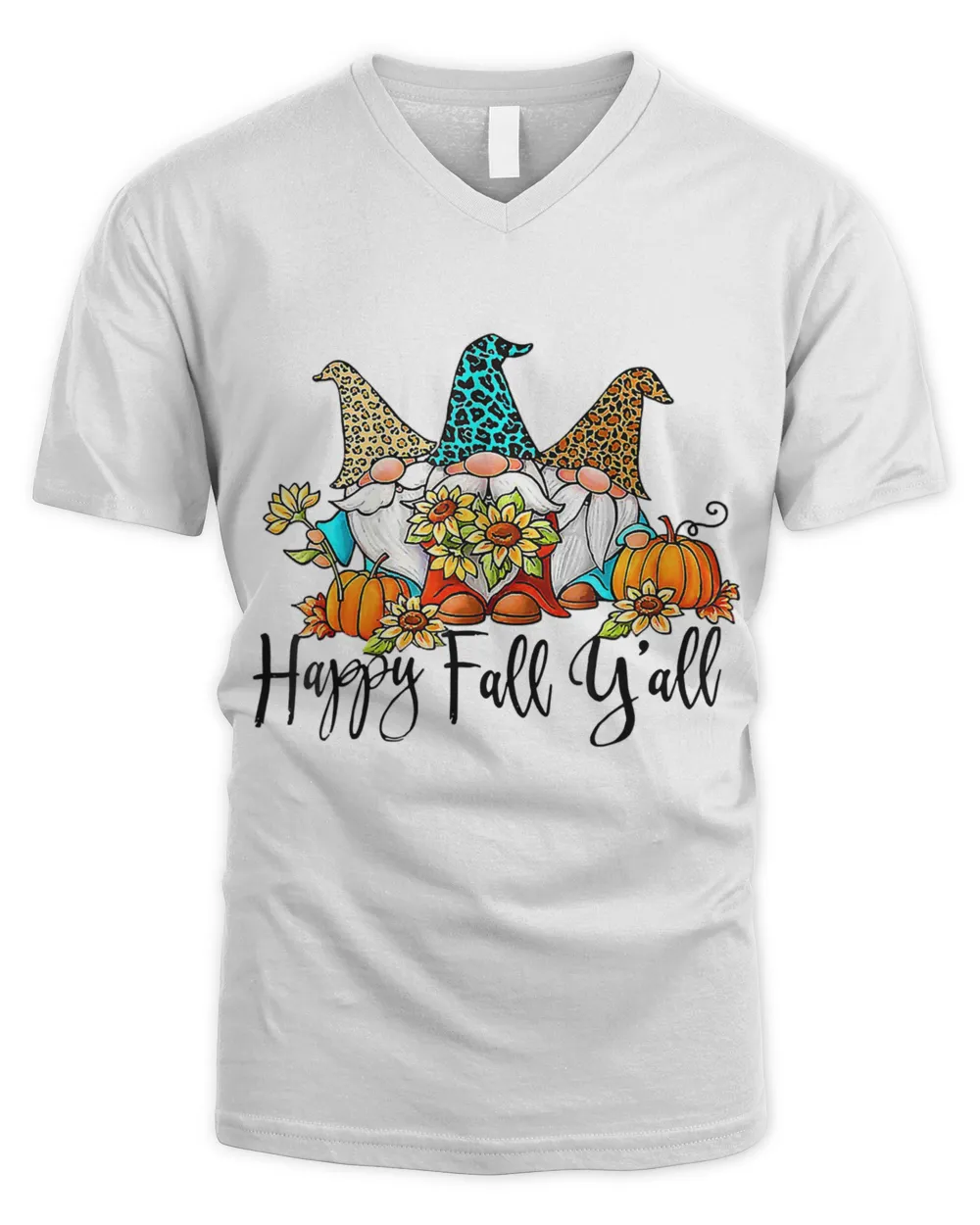 Happy Fall Y'all Gnomes Leopard Pumpkin Autumn Thanksgiving T-Shirt