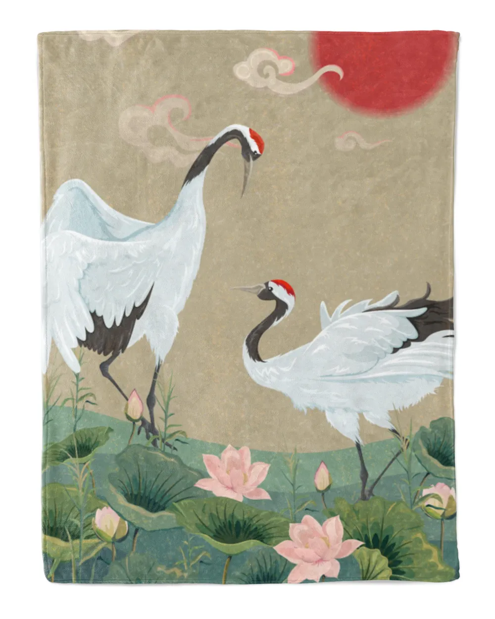 Japanese Cranes And Lotus Flower Blankets