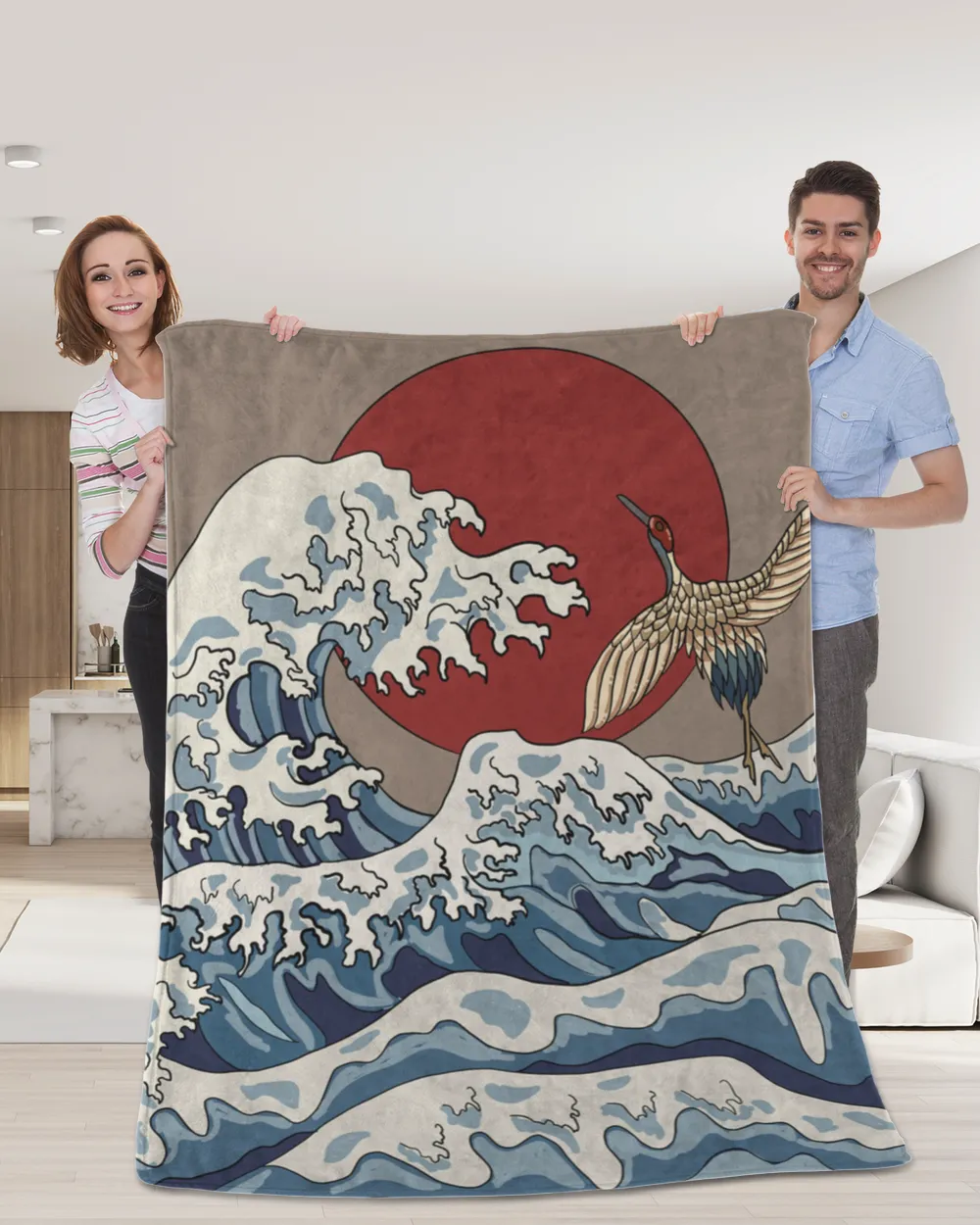 Japnaese Kanagawa Wave And Cranes Blanket