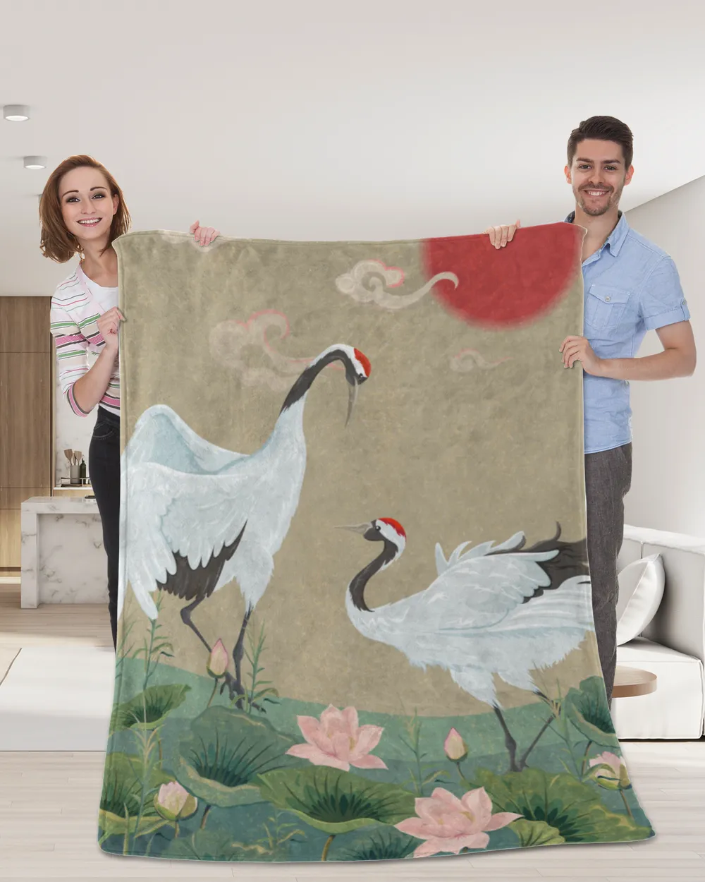 Japanese Cranes And Lotus Flower Blankets