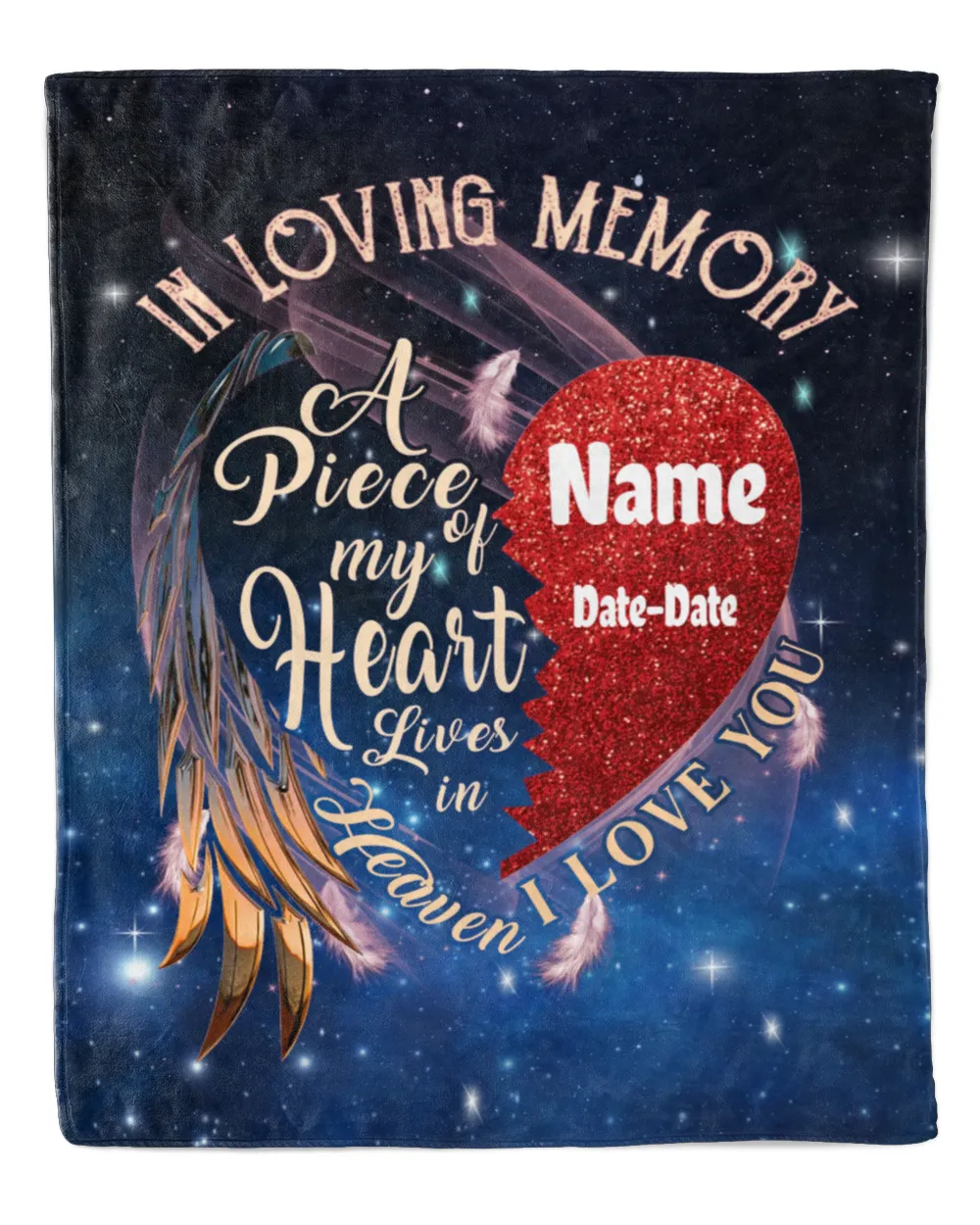 PERSONALIZATION - Blanket - In Memory loving - A Piece Of My Heart Lives In Heaven Cozy Plush Fleece Blanket (50x60in) black 50x60in
