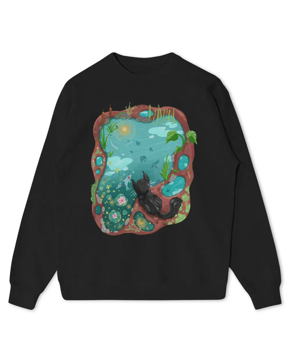 Black Cat and Surrealism Koi Pond Night Sky Water Reflection