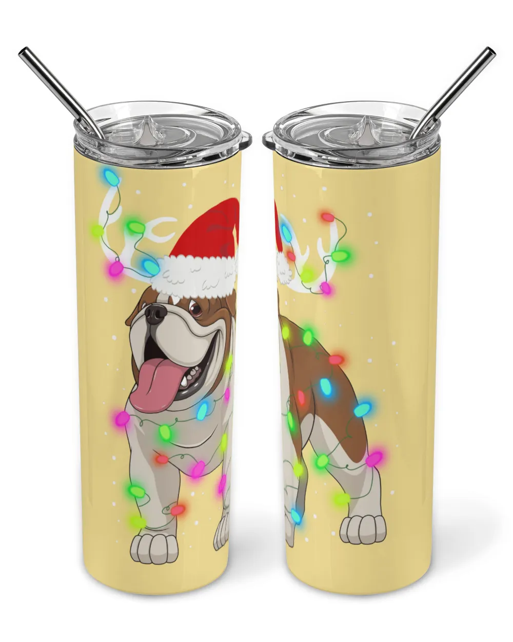 English Bulldog Reindeer Santa Hat Christmas Lights Skinny Tumbler