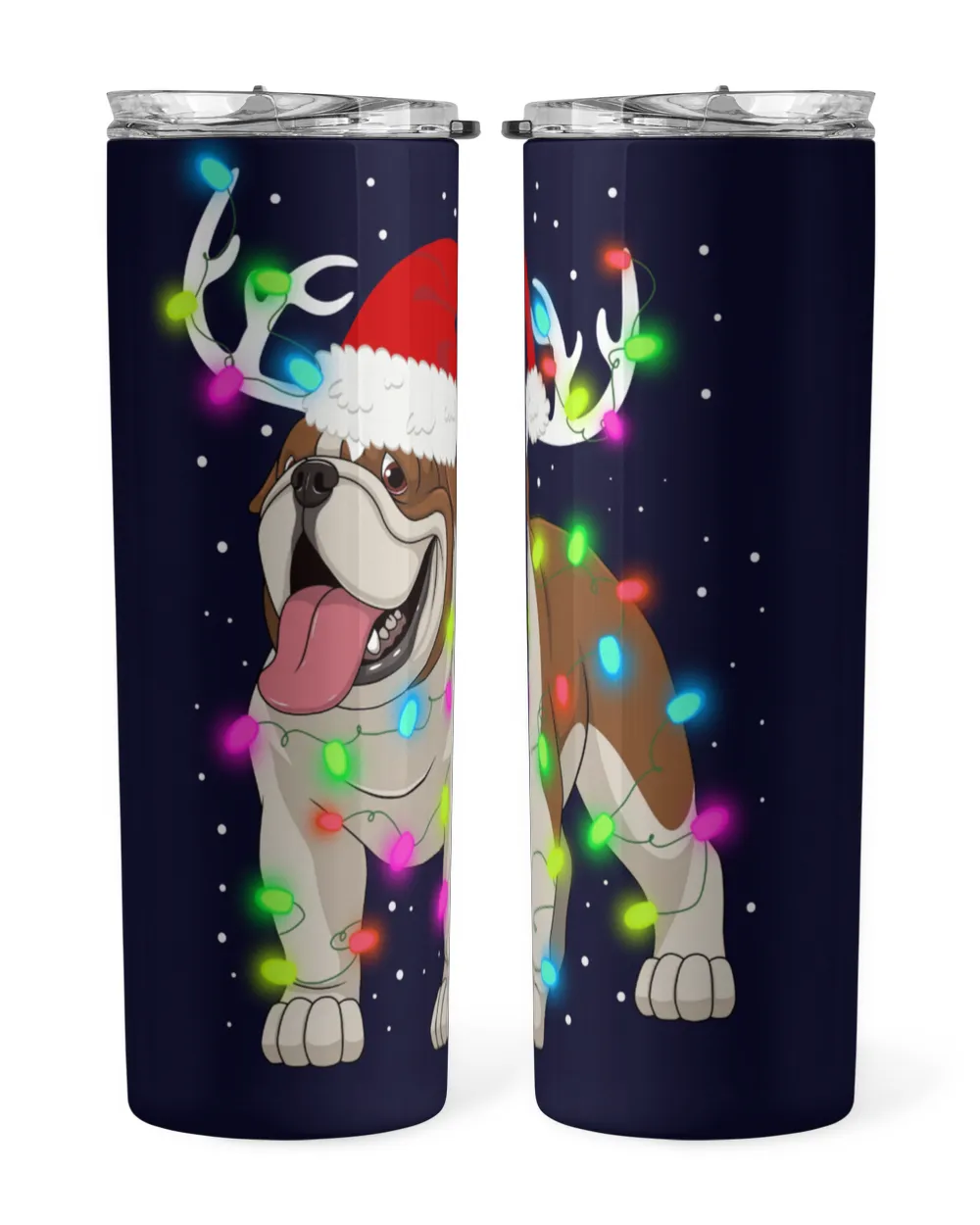 English Bulldog Reindeer Santa Hat Christmas Lights Skinny Tumbler