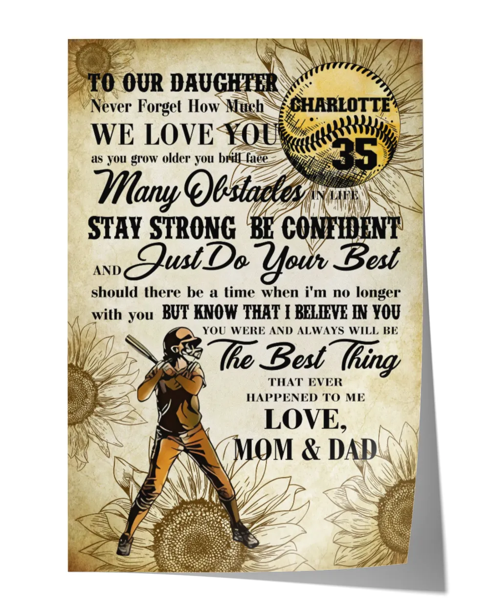 Personalized Softball My Our Daughter Poster/Canvas Lovely Gifts to Daughter from Family Satin Portrait Poster white 12x18in