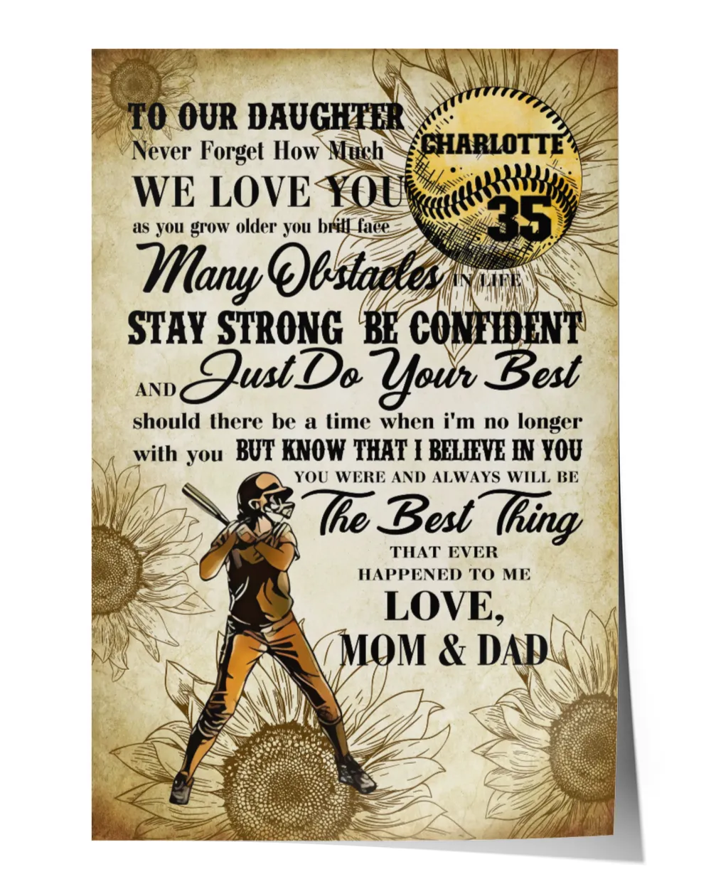 Personalized Softball My Our Daughter Poster/Canvas Lovely Gifts to Daughter from Family Satin Portrait Poster white 12x18in