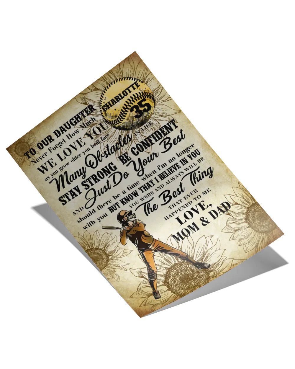 Personalized Softball My Our Daughter Poster/Canvas Lovely Gifts to Daughter from Family Satin Portrait Poster white 12x18in