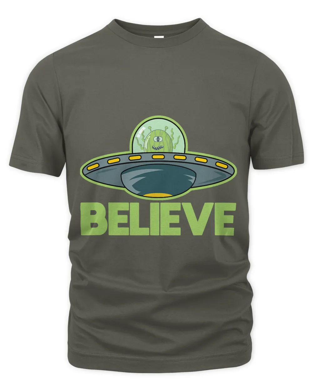 Funny Alien in UFO Flying Saucer Believe
