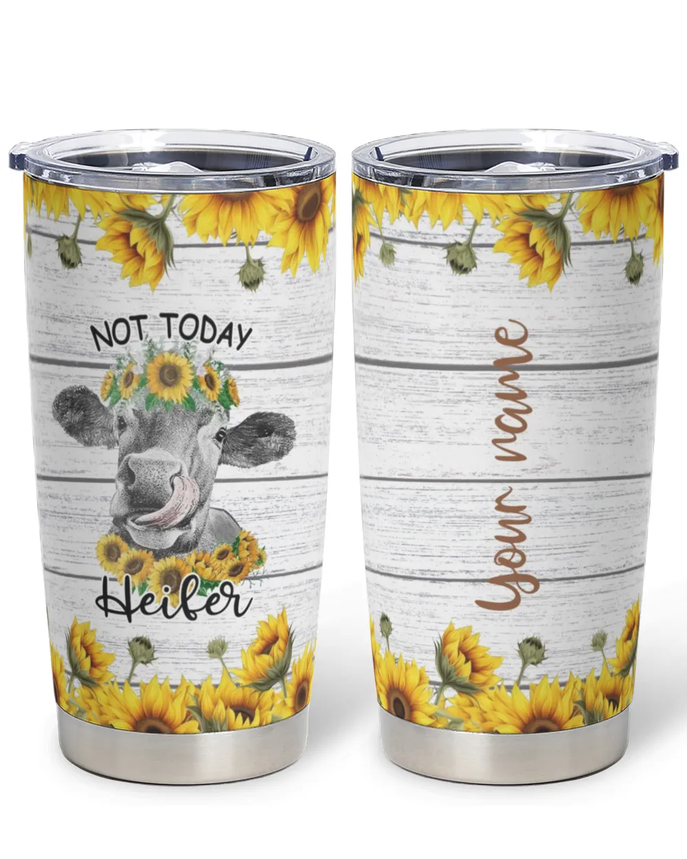 Personalized Name Cow Sunflower Full Printed Stainless Steel Tumbler (20oz) white 20oz