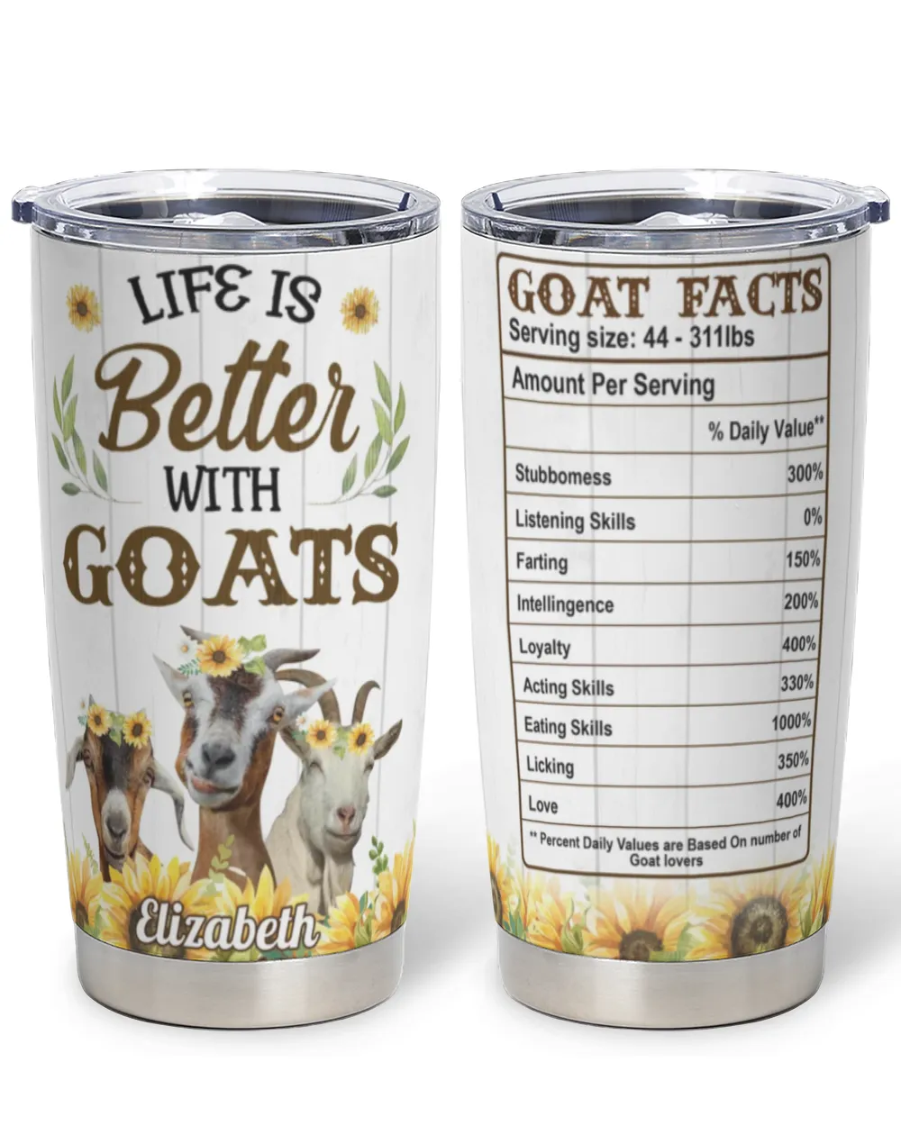Personalized Life Is Better With Goats Sunflower Full Printed Stainless Steel Tumbler (20oz) white 20oz