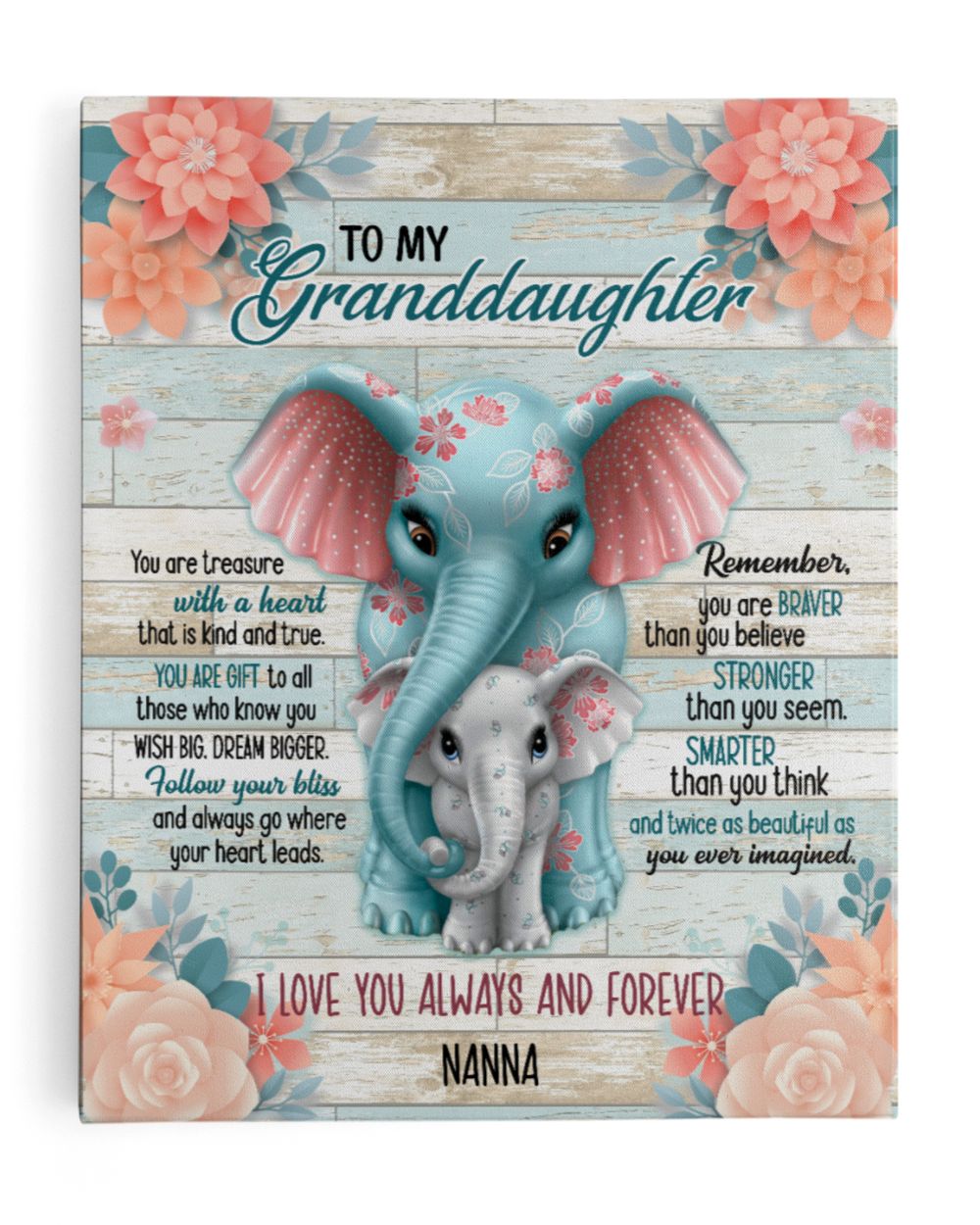 To My Granddaughter Elephant Flower, Granddaughter Gift from Grandma Ready To Hang Canvas (16x20 inch) white 16x20in