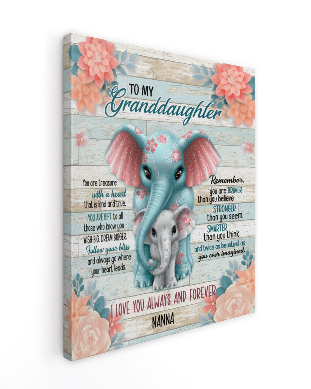 To My Granddaughter Elephant Flower, Granddaughter Gift from Grandma Ready To Hang Canvas (16x20 inch) white 16x20in