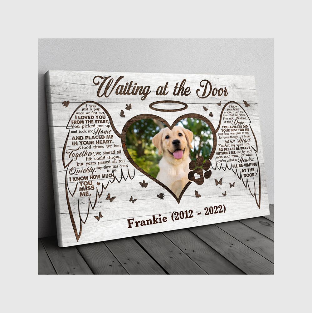 Personalized Custom Waiting At The Door Dog Pet Memorial Canvas Art Poster DC87 Ready To Hang Landscape Canvas white 14x11in