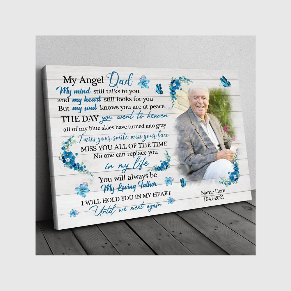 Personalized Custom My Angle Dad Husband Memorial Canvas Print Art Poster DC104 Ready To Hang Landscape Canvas white 14x11in