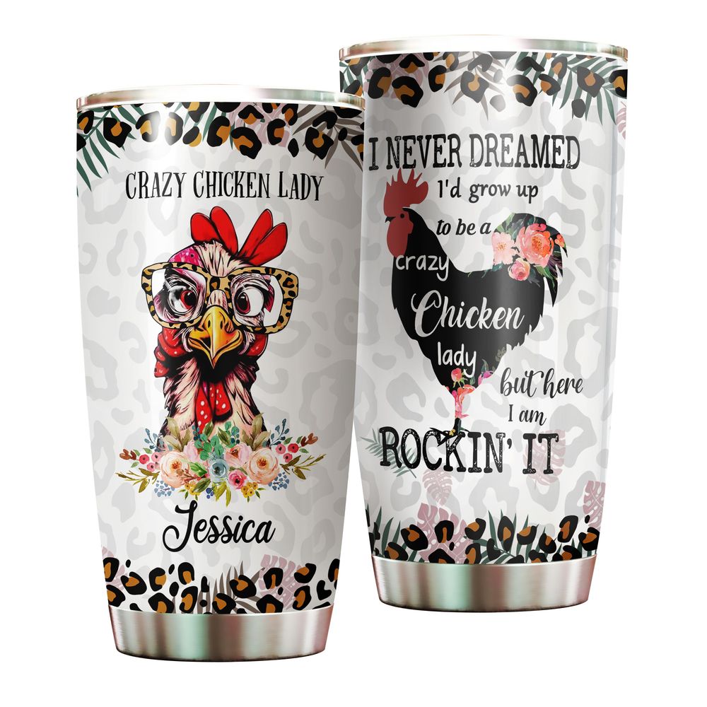 Personalized Crazy Chicken Lady Floral Full Printed Stainless Steel Tumbler (20oz) white 20oz