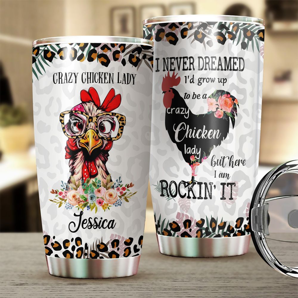 Personalized Crazy Chicken Lady Floral Full Printed Stainless Steel Tumbler (20oz) white 20oz