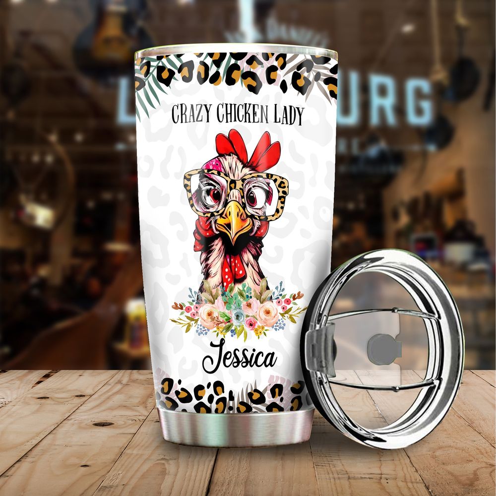 Personalized Crazy Chicken Lady Floral Full Printed Stainless Steel Tumbler (20oz) white 20oz