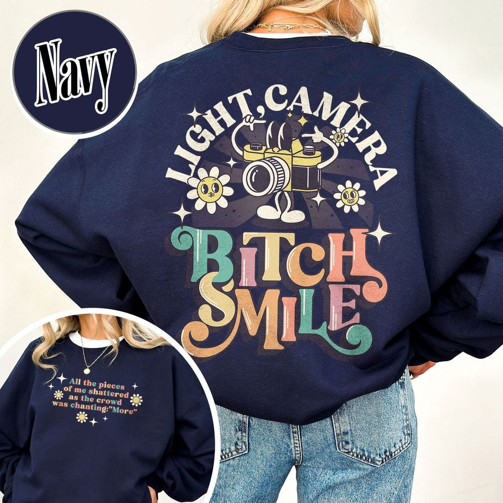 Lights Camera Smile Sweatshirt, Swiftie Merch, Ttp Lyrics Shirts, Unisex Concert, Gift For Friend, Ttdp Tshirt, Tortured Poets Tshirt Unisex Standard T-Shirt white s
