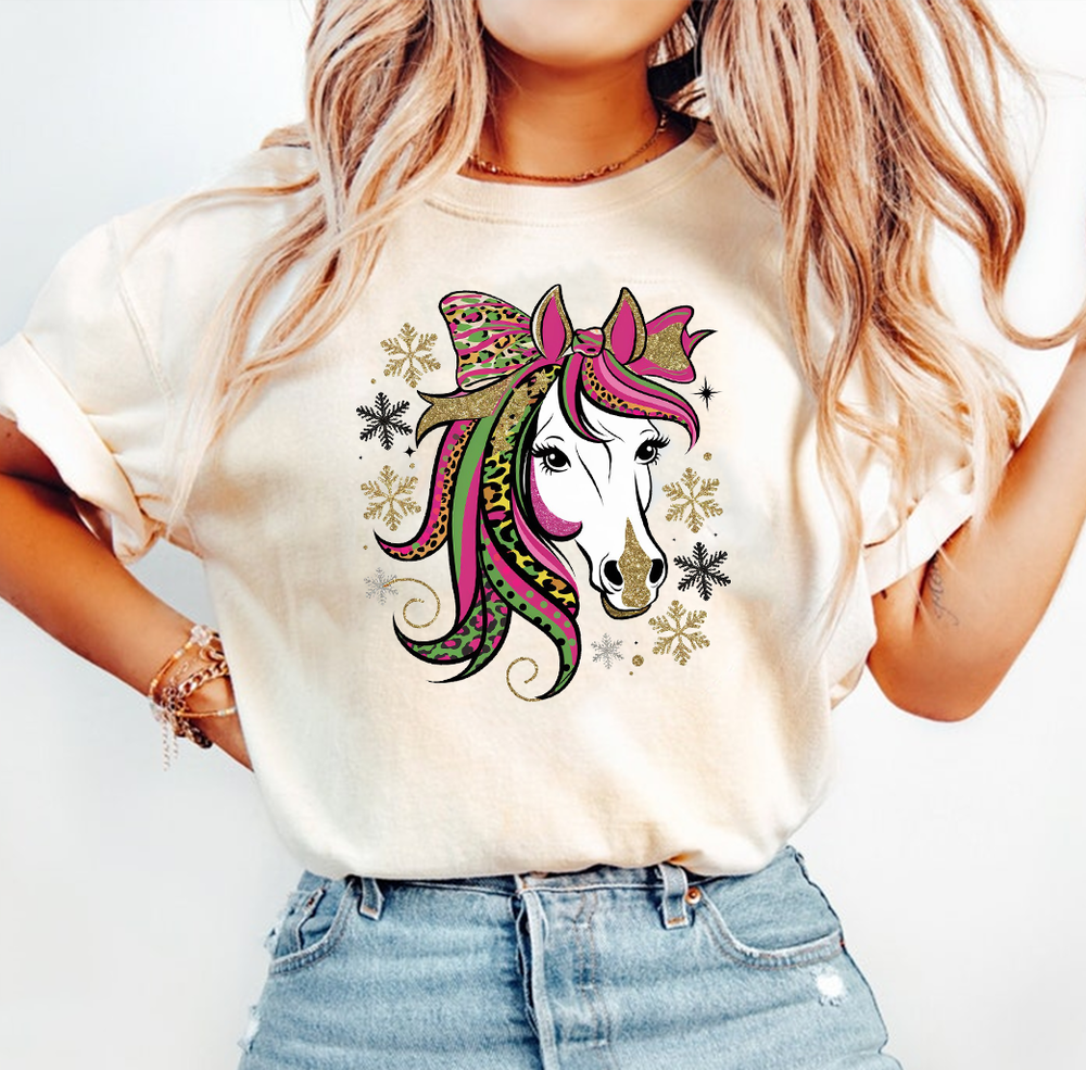 [UNIQUE] GLAMOROUS HOLIDAY HORSE FESTIVE LEOPARD BOW T-SHIRT