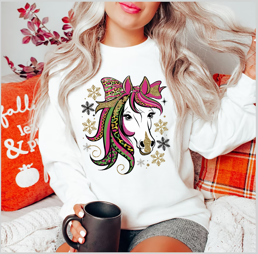 [UNIQUE] GLAMOROUS HOLIDAY HORSE FESTIVE LEOPARD BOW T-SHIRT