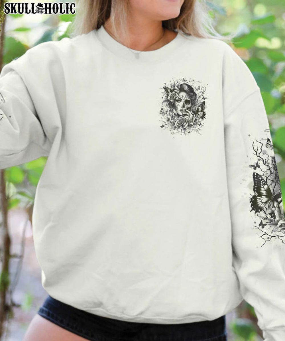 DON'T TRY TO FIGURE ME OUT SKULL LADY - All Over Print , Skull Drawing, Skull Art, Skull Tattoos AOP Unisex Standard Crewneck Sweatshirt 2 white s