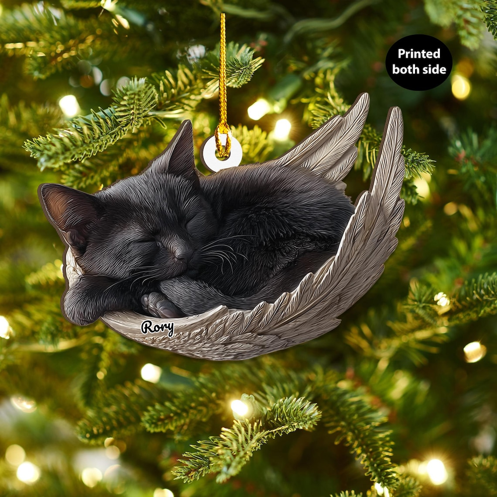 Personalized Black Cat Angel Ash Custom Shape Wooden Ornament