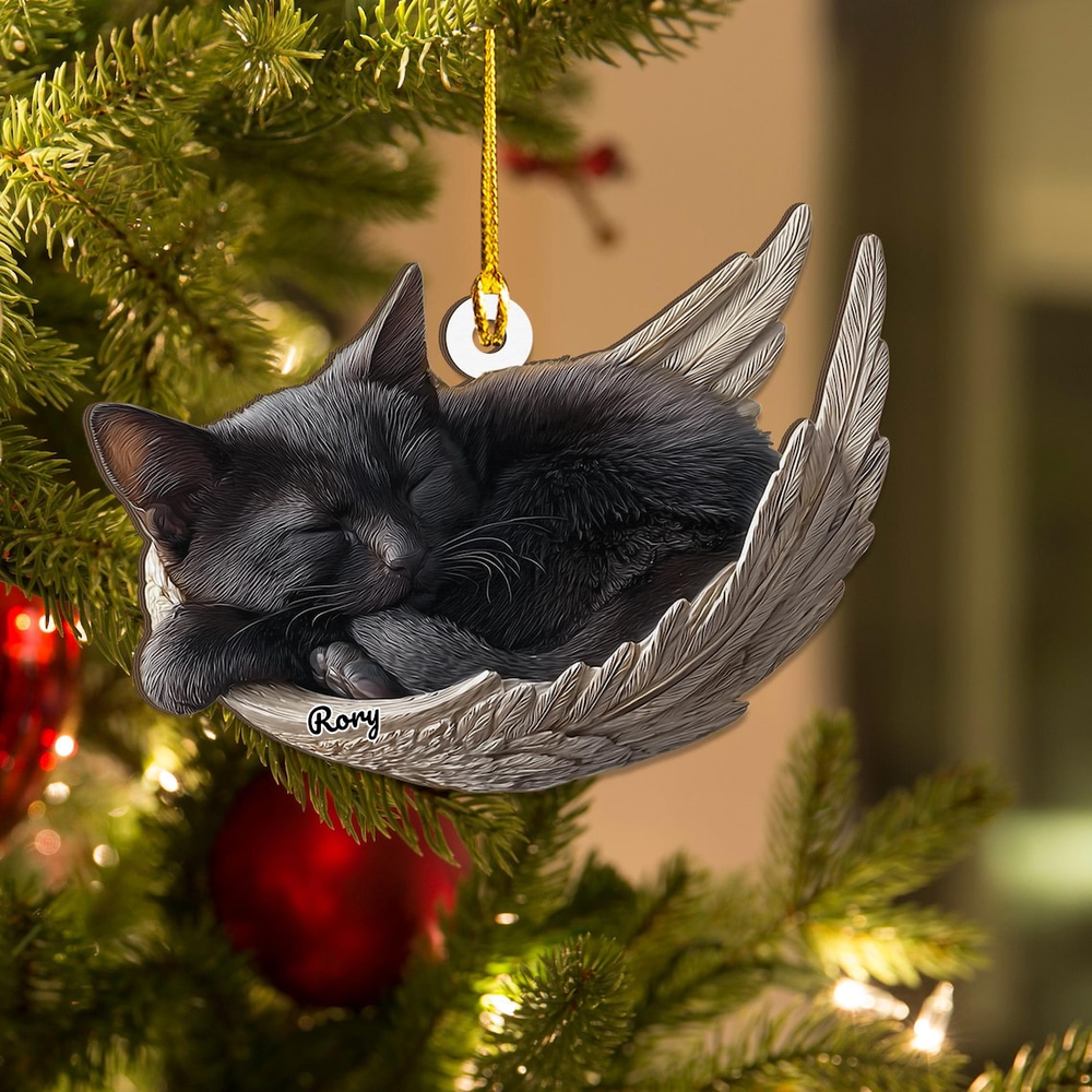 Personalized Black Cat Angel Ash Custom Shape Wooden Ornament
