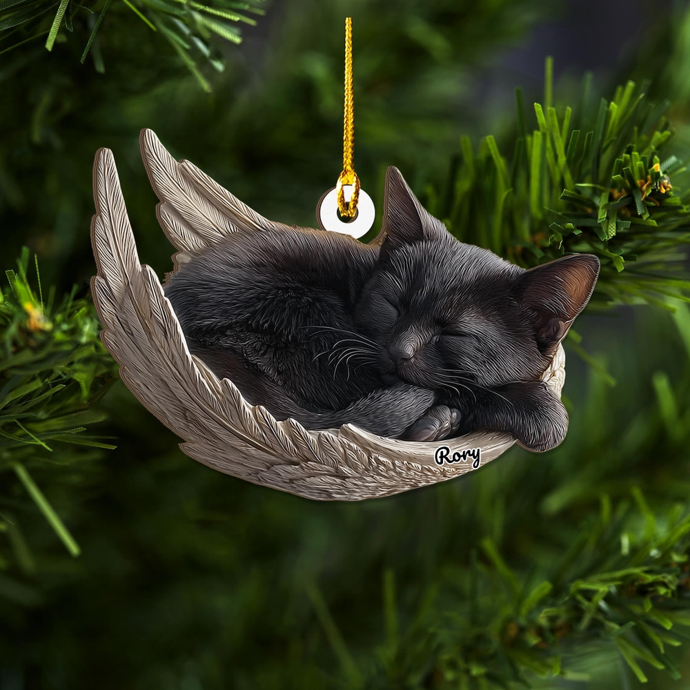 Personalized Black Cat Angel Ash Custom Shape Wooden Ornament