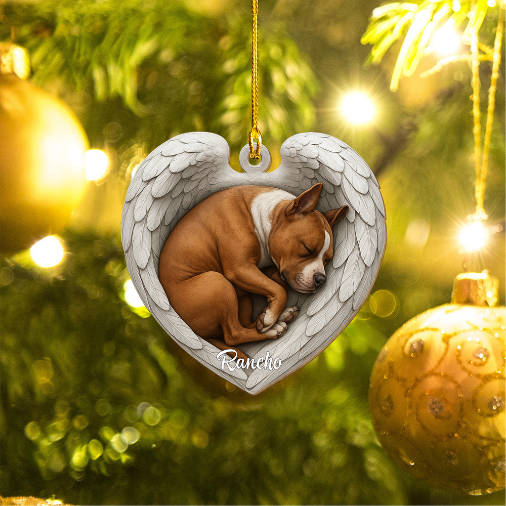 Personalized Pitbull Dog Sleeping Angel Wings Custom Shape Wooden Ornament