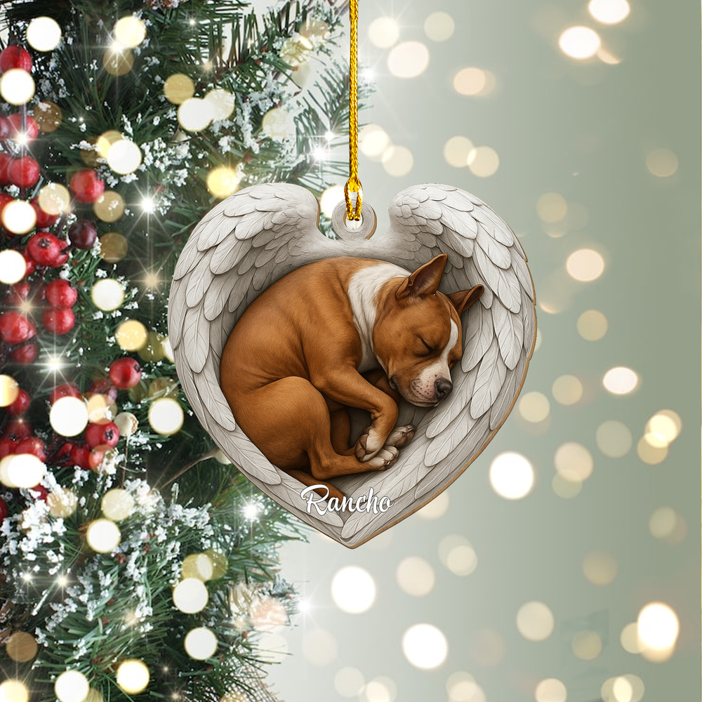 Personalized Pitbull Dog Sleeping Angel Wings Custom Shape Wooden Ornament