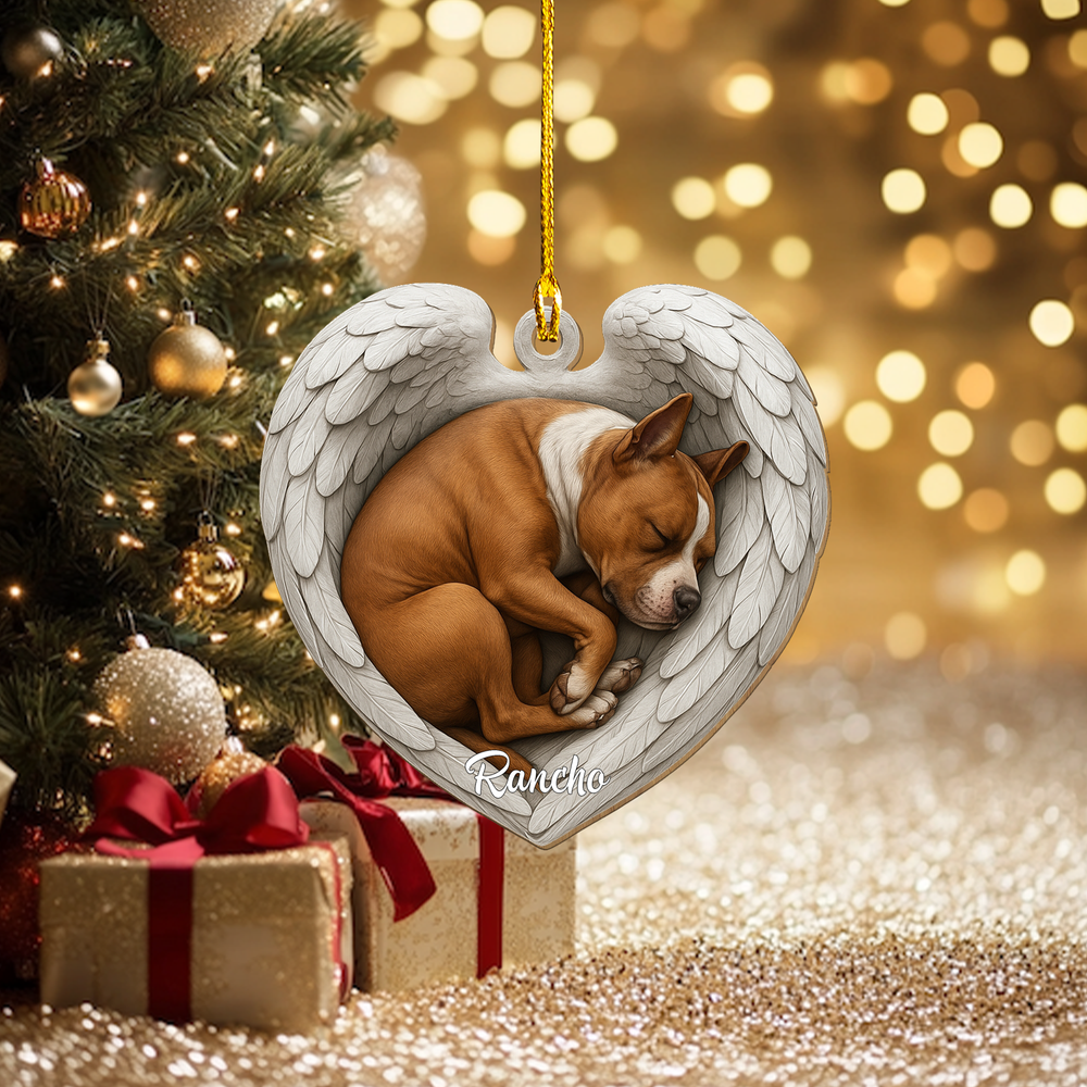 Personalized Pitbull Dog Sleeping Angel Wings Custom Shape Wooden Ornament