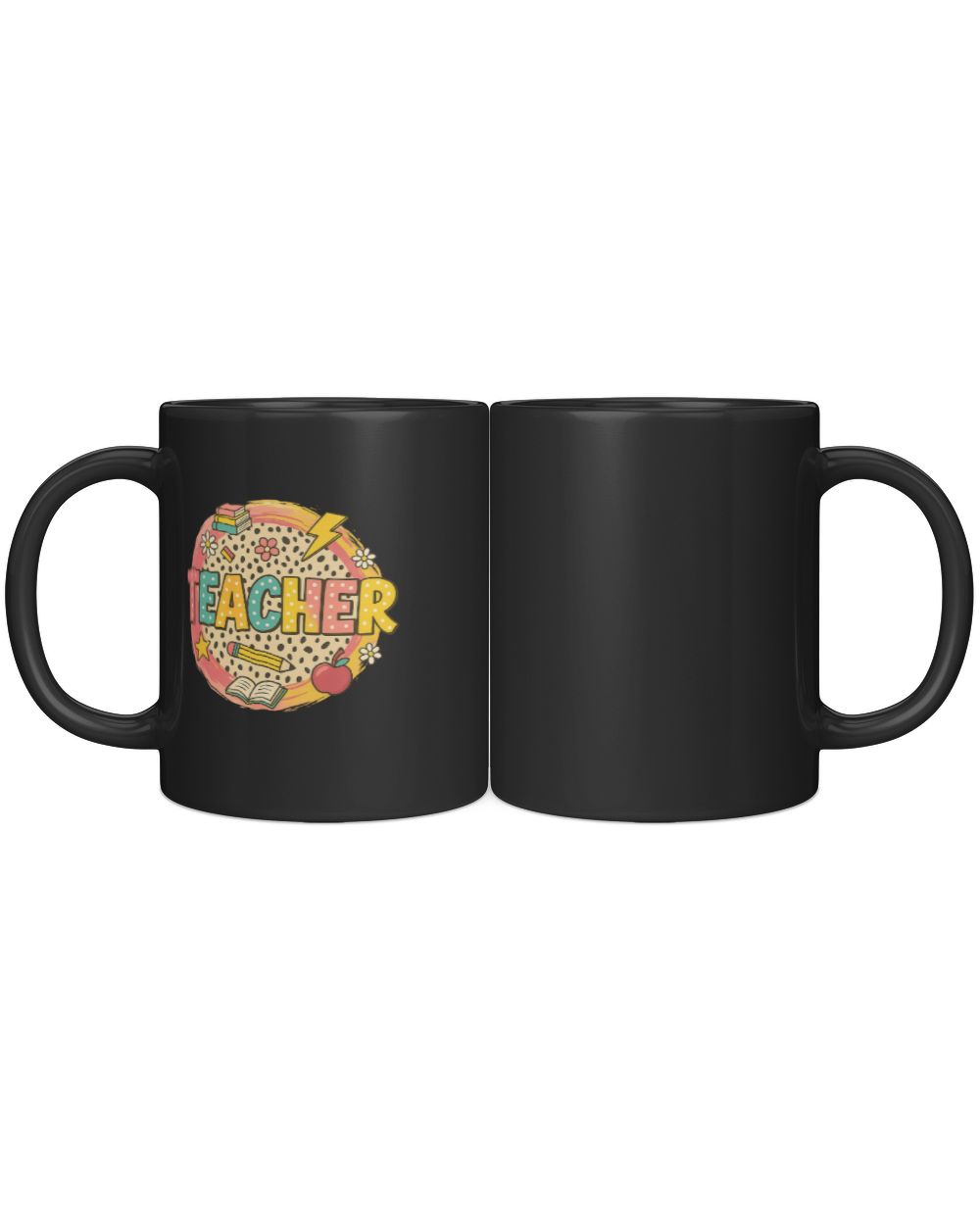 Bold Polka Dot Teacher Text with School Doodles and Leopard Pattern Black Mug 11oz black 11oz