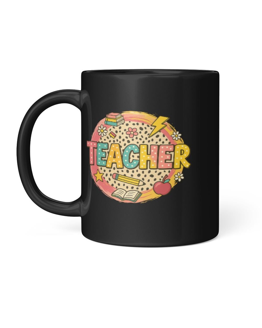 Bold Polka Dot Teacher Text with School Doodles and Leopard Pattern Black Mug 11oz black 11oz