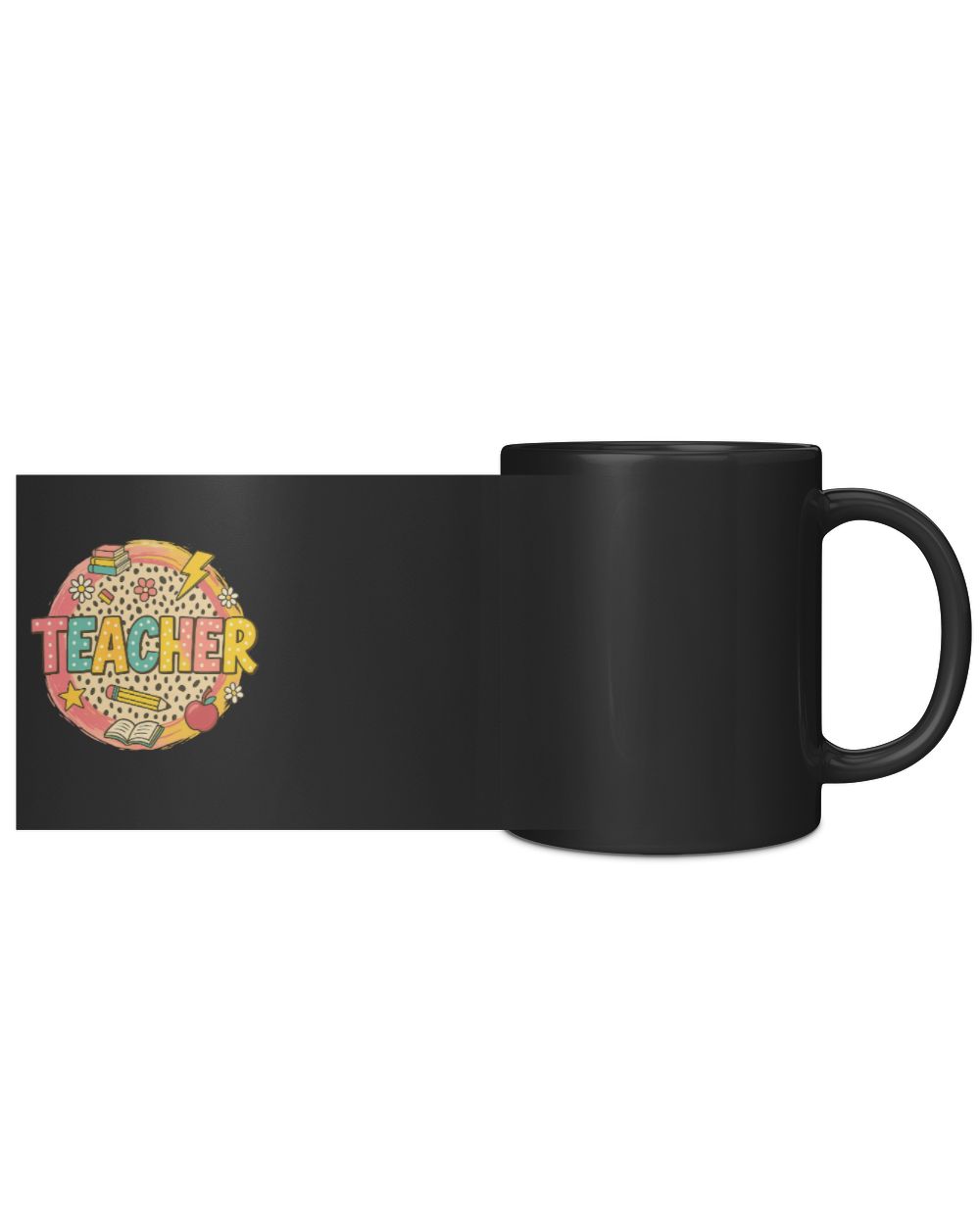 Bold Polka Dot Teacher Text with School Doodles and Leopard Pattern Black Mug 11oz black 11oz