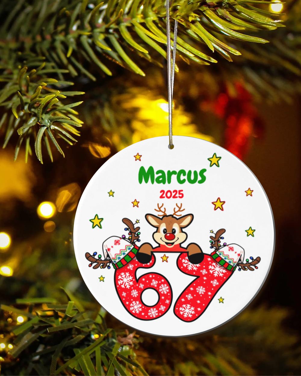 Custom Reindeer Personalized 67 Christmas Ornament – Holiday Keepsake Decoration Acrylic Ornament - Circle white one-sided single
