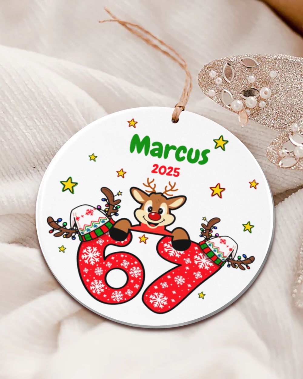 Custom Reindeer Personalized 67 Christmas Ornament – Holiday Keepsake Decoration Acrylic Ornament - Circle white one-sided single
