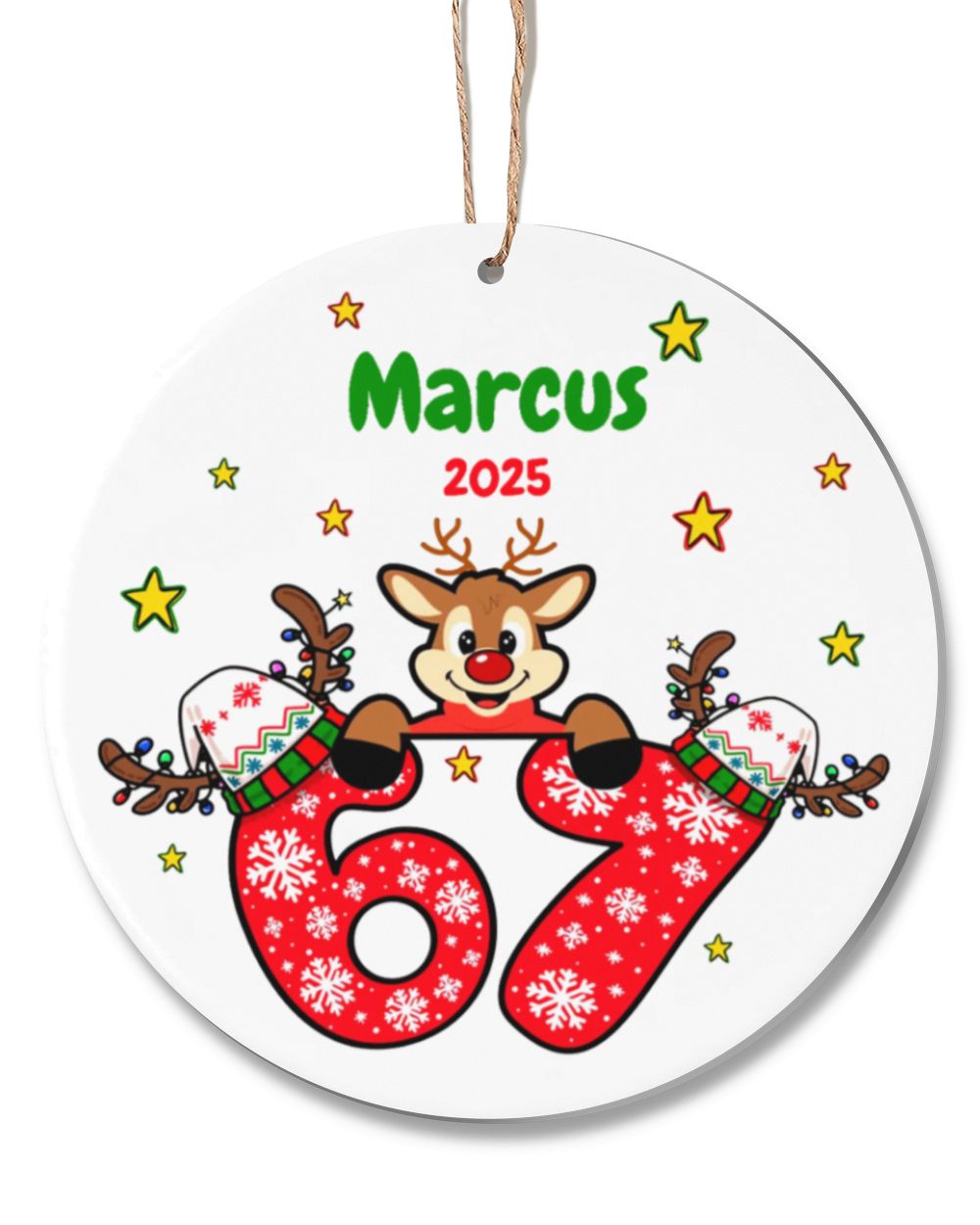 Custom Reindeer Personalized 67 Christmas Ornament – Holiday Keepsake Decoration Acrylic Ornament - Circle white one-sided single