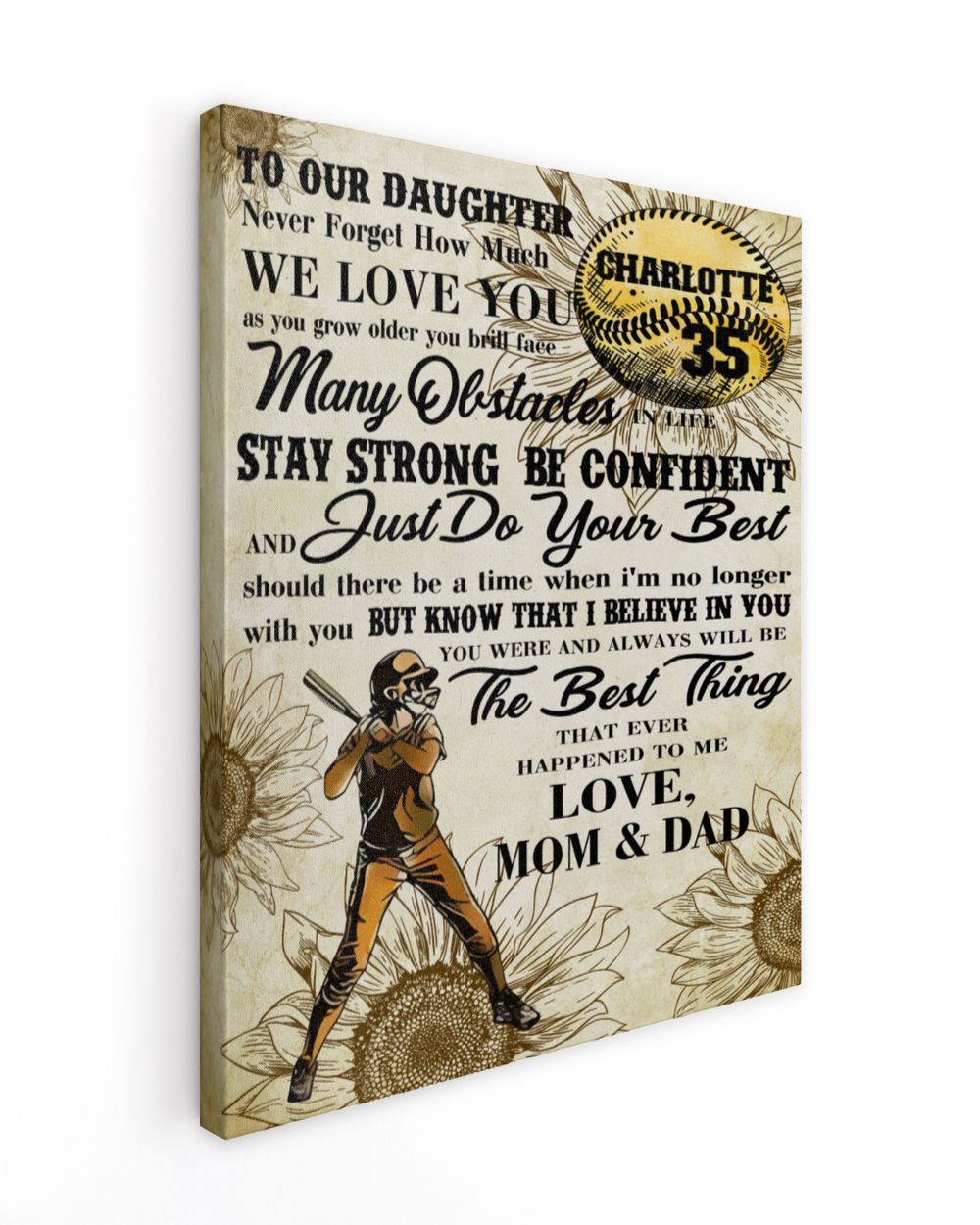 Personalized Softball My Our Daughter Poster/Canvas Lovely Gifts to Daughter from Family Ready To Hang Canvas (11x14 inch) white 11x14in