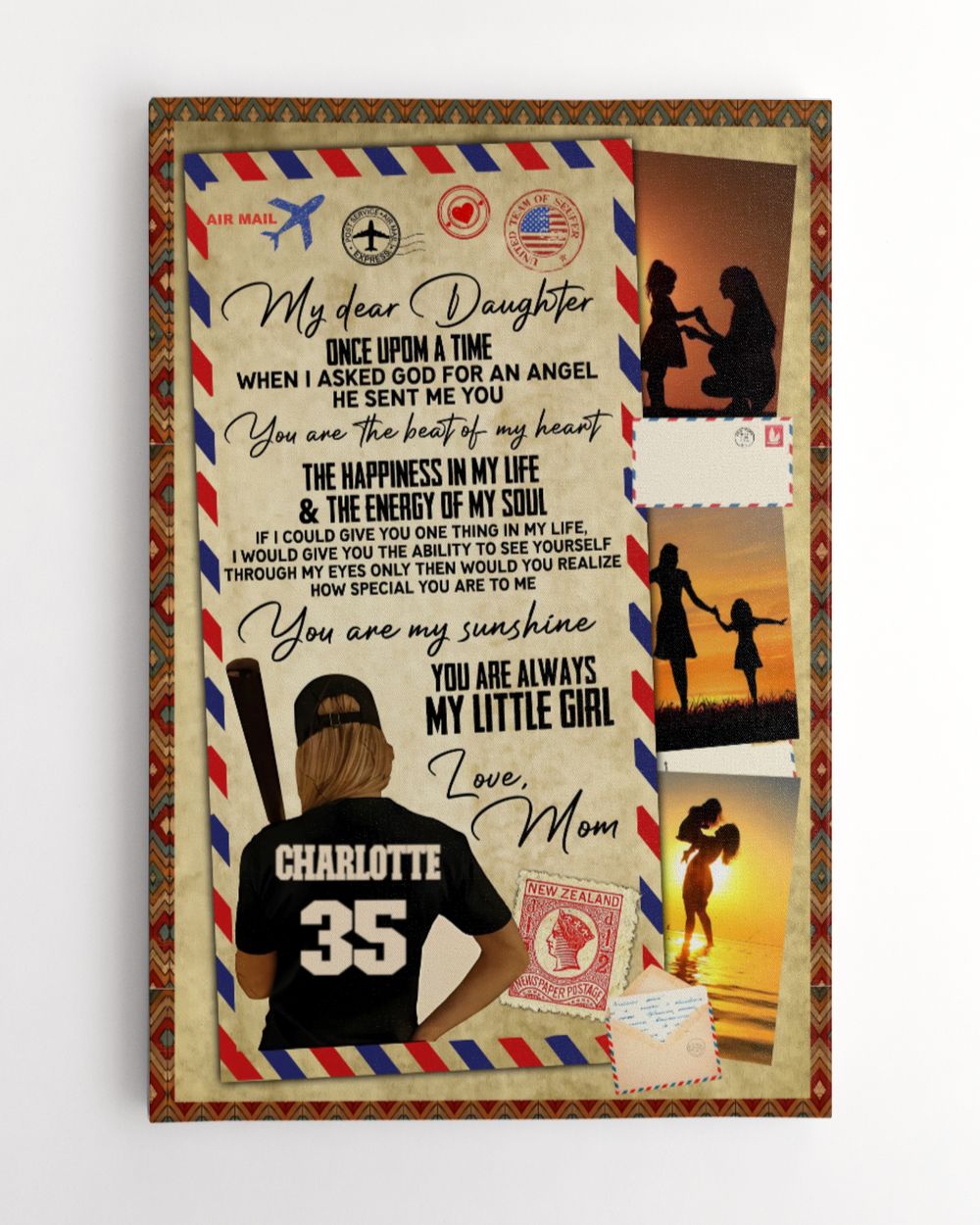 Personalized/Customized Softball My Dear Daughter My Sunshine Poster/Canvas Lovely Gifts to Daughter Son from Family for Anniversary Mother's Day Father's Day Christmas Birthday Ready To Hang Canvas (16x24 inch) white 16x24in