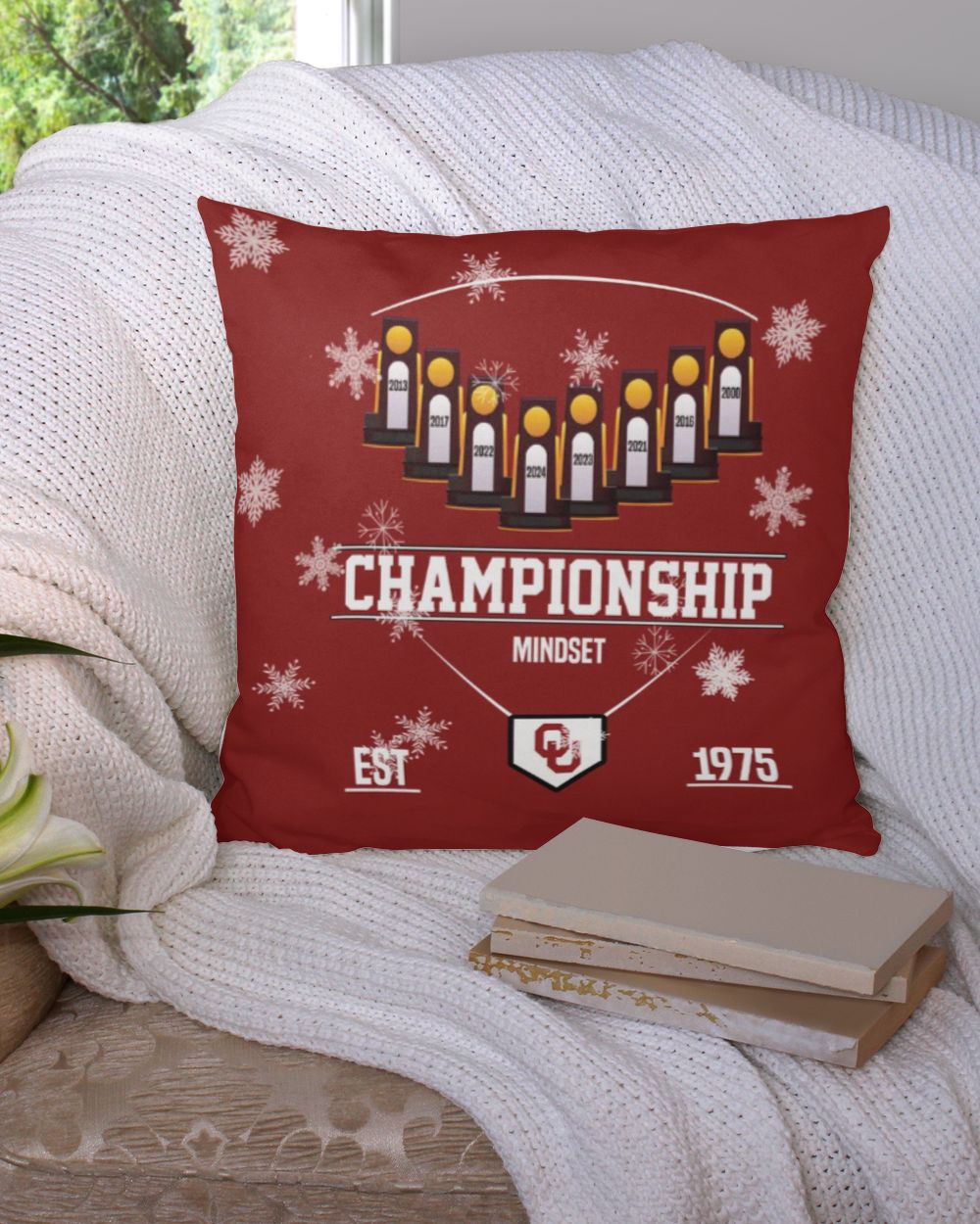 Softball Pillow- Oklahoma Softball- Championship Mindset Cotton Drill Pillow (Dual Sided) white 16x16in
