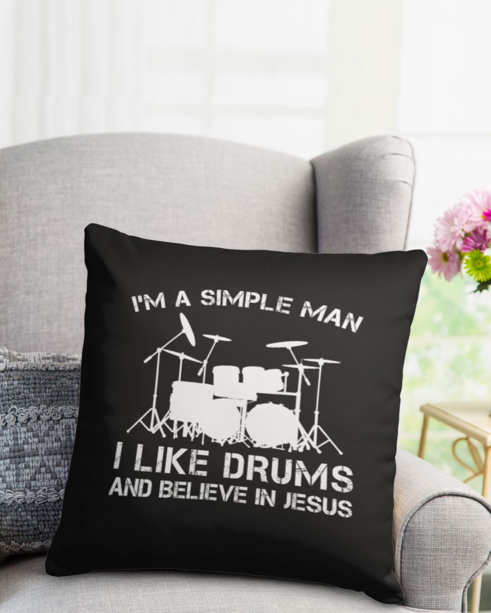 I am simple man I like drums and believe in Jesus Cotton Drill Pillow (Dual Sided) black 16x16in