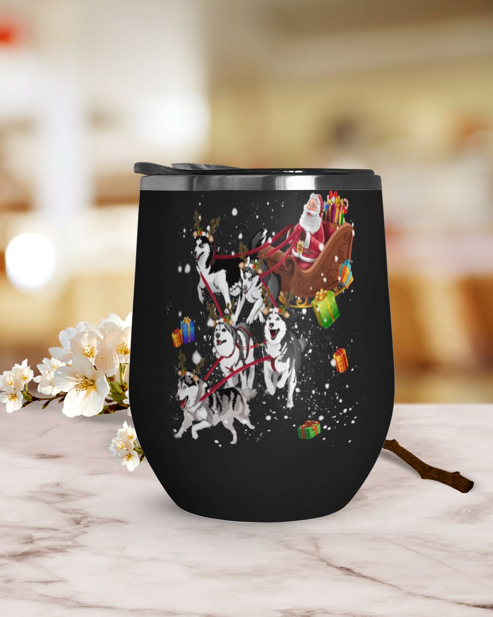 Merry Christmas with Husky Reindeer Wine Tumbler (12 oz) Wine Tumbler (12 oz) black 12oz