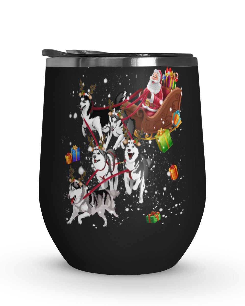 Merry Christmas with Husky Reindeer Wine Tumbler (12 oz) Wine Tumbler (12 oz) black 12oz