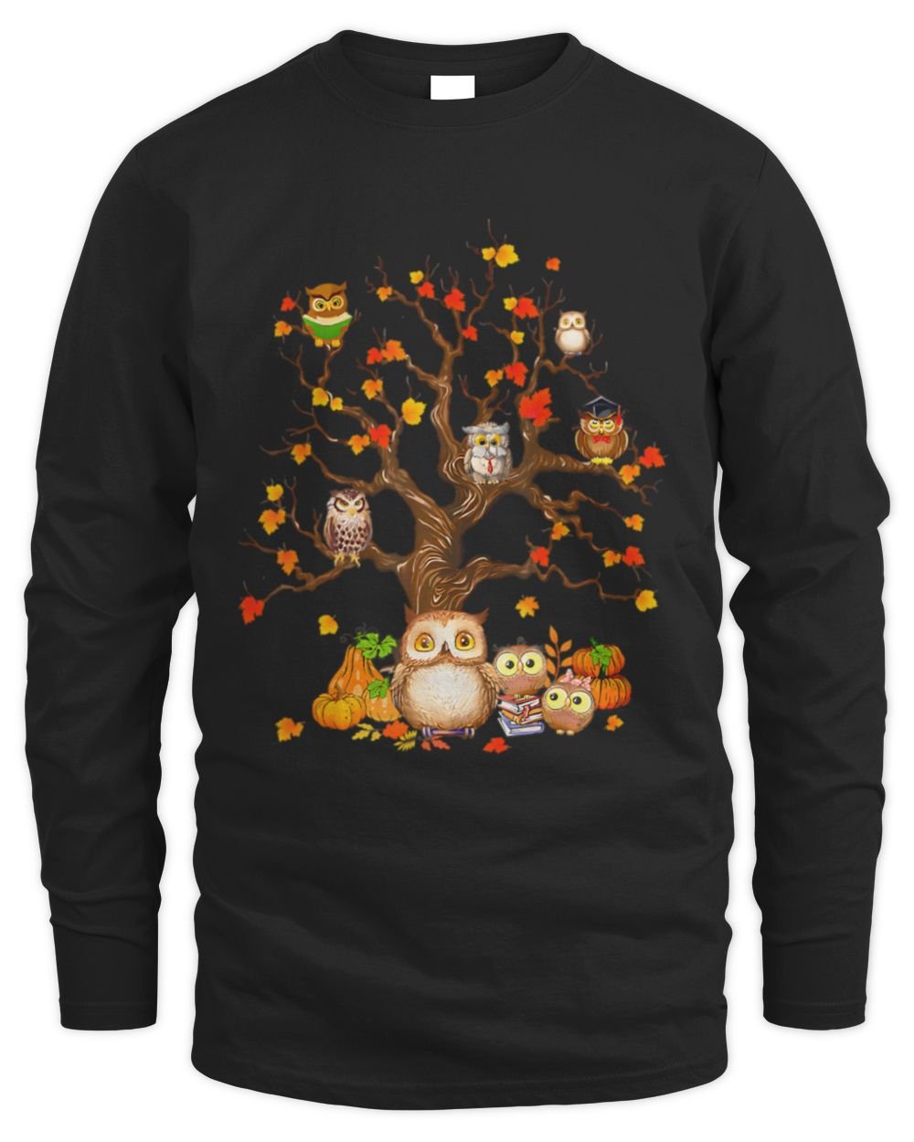 Owls Leaves Tree Fall Autumn Pumpkin Halloween Men's Long Sleeved T-Shirt black s