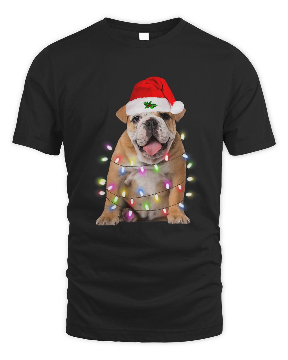Bulldog dog Santa Christmas Tree Lights Xmas Boys Dog110 Unisex Standard T-Shirt black 