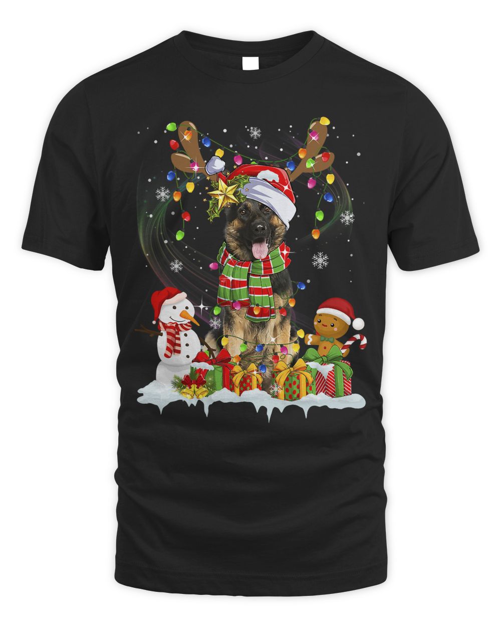 German Shepherd Christmas Ugly Sweater Dog Santa Hat Lights574 Unisex Standard T-Shirt black 