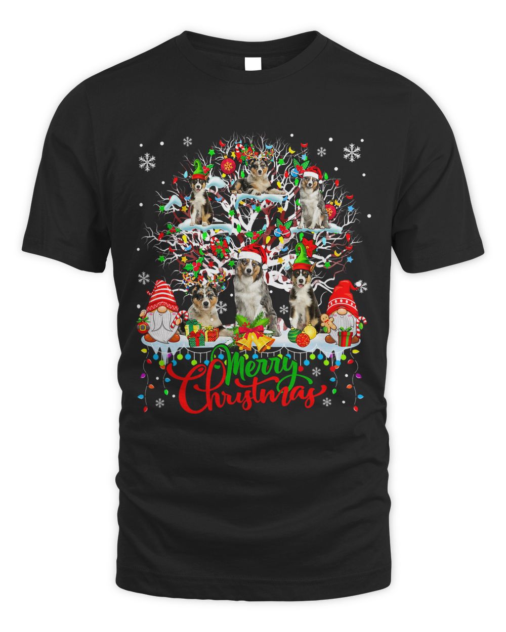 Santa Reindeer Elf Australian Shepherds On Xmas Tree Gnomes Unisex Standard T-Shirt black s