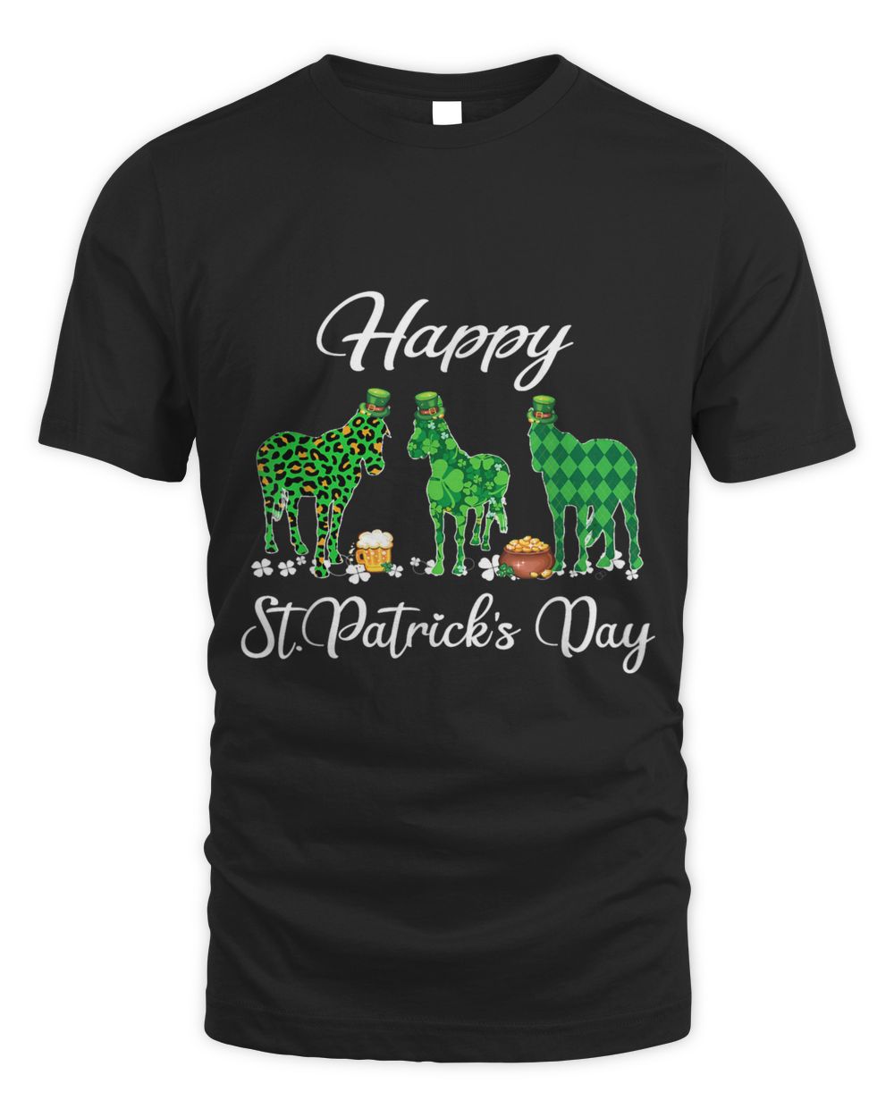 Horse Happy St Patricks Day Shamrock Leopard Horse Lover Unisex Standard T-Shirt black 