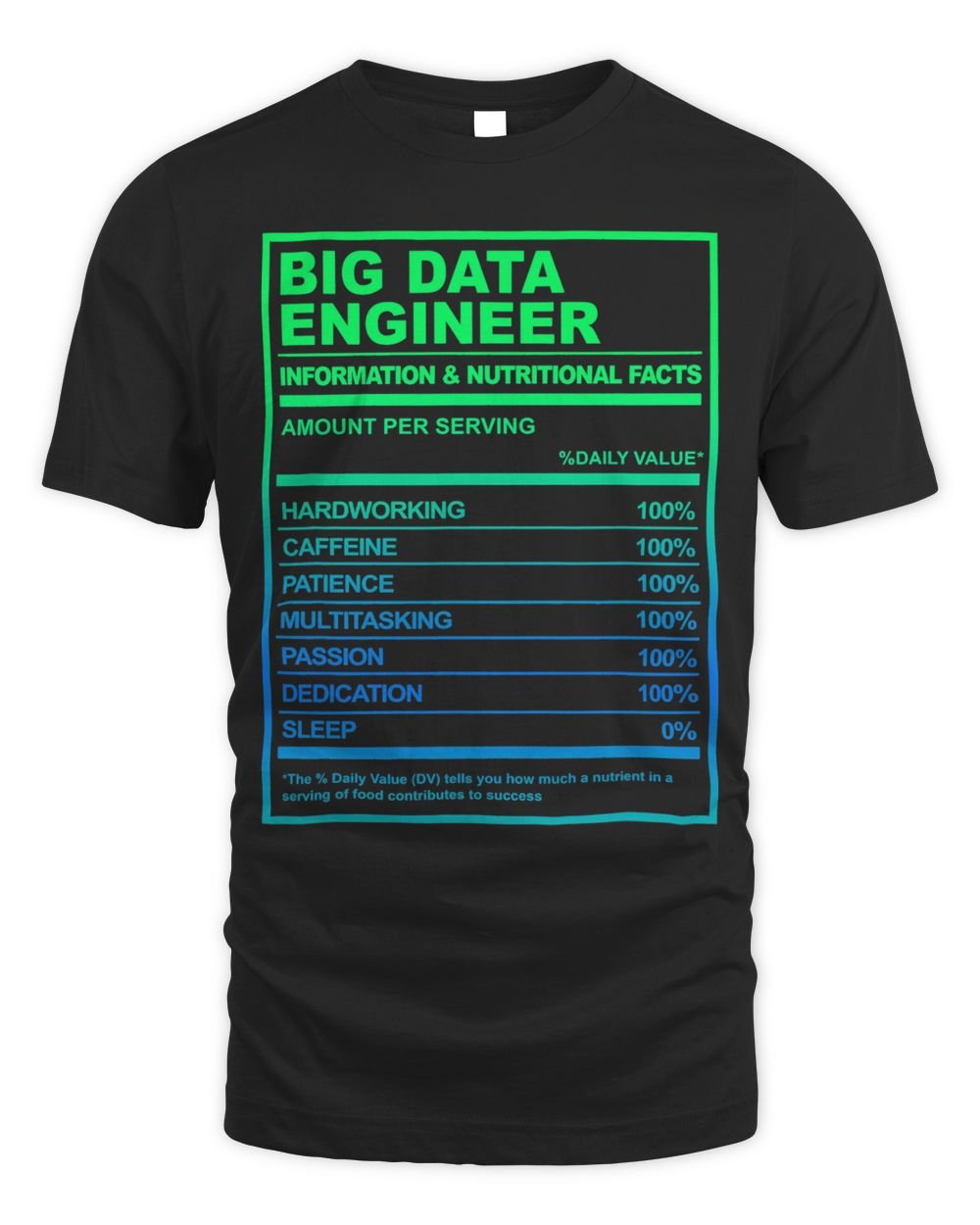 Big Data Engineer Nutrition Facts Tech Humor Unisex Standard T-Shirt black s