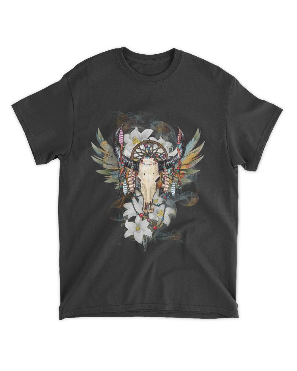 Native Skull Feather With Flowers Unisex Standard T-Shirt black s